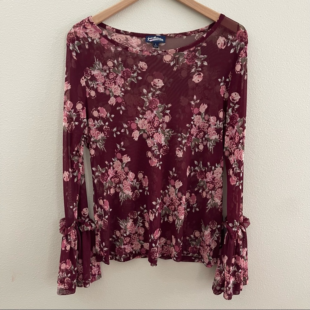Freshman Long Sleeve Floral Blouse, Maroon, Large